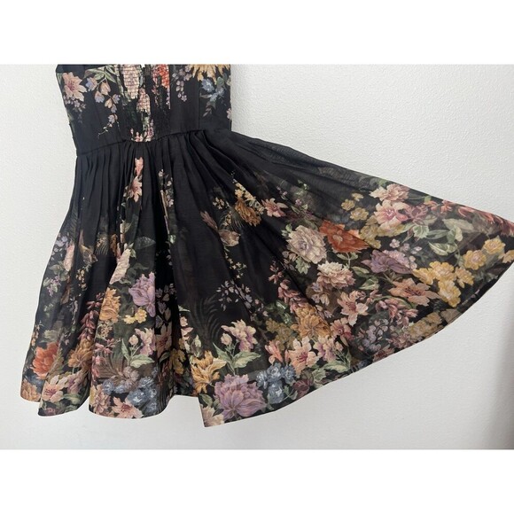 Zimmermann Pavilion V Neck Mini Dress in Black Multi Floral Linen Silk AU 1 US 6 - Picture 14 of 16